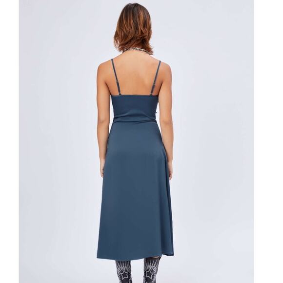 NWT SOLID COWL NECK SLIT MIDI DRESS side row of buttons, Cider in blue size S - Picture 4 of 15